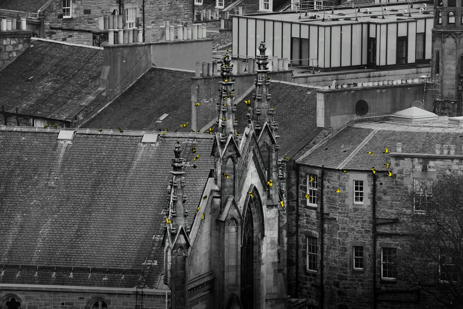 Gothic architecture with selective yellow color highlights Gothic architecture with selective yellow color highlights