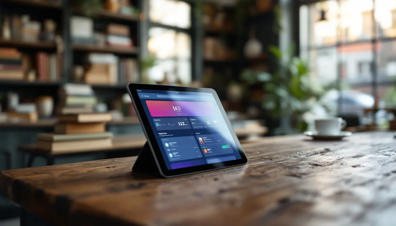 Benefits Of Automated WordPress SEO Tools — A UK marketer comparing automated SEO tool features and pricing on a tablet, wit